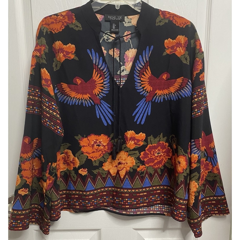 Rachel Zoe Women Tropical Blouse Parrot Bird Floral Orange Black V Neck Top S-L